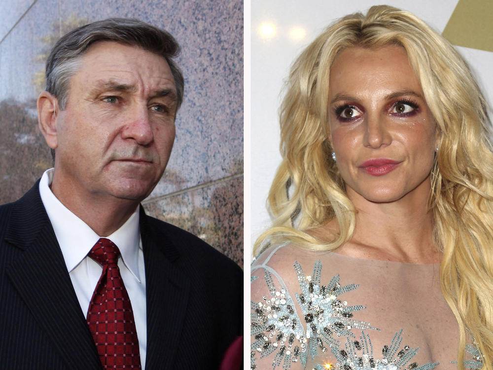 This combination photo shows Jamie Spears, left, father of Britney Spears, as he leaves the Stanley Mosk Courthouse on Oct. 24, 2012, in Los Angeles and Britney Spears at the Clive Davis and The Recording Academy Pre-Grammy Gala on Feb. 11, 2017, in Beverly Hills.