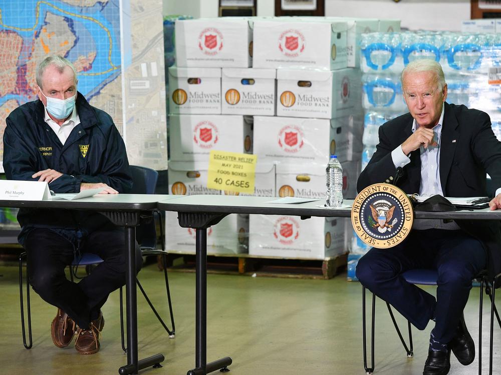 President Biden takes part in a briefing Tuesday with New Jersey Gov. Phil Murphy and other local leaders in the aftermath of Hurricane Ida.