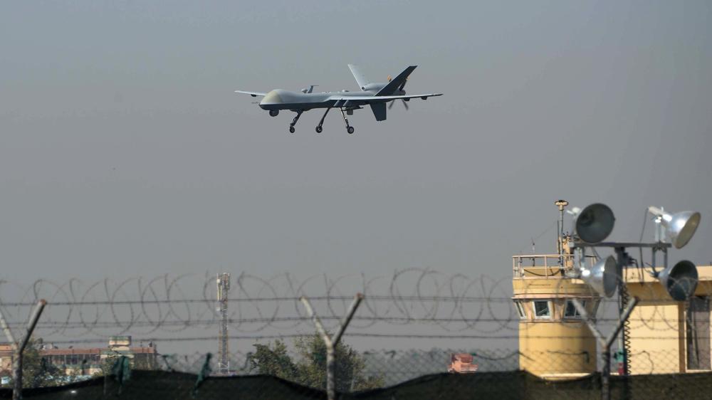 A U.S. drone aircraft lands at Afghanistan's Jalalabad Airport on Oct. 2, 2015.