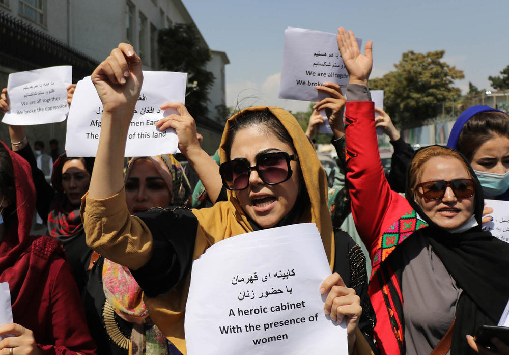 Women gather to demand their rights under Taliban rule during a protest in Kabul, Afghanistan, on Sept. 3.