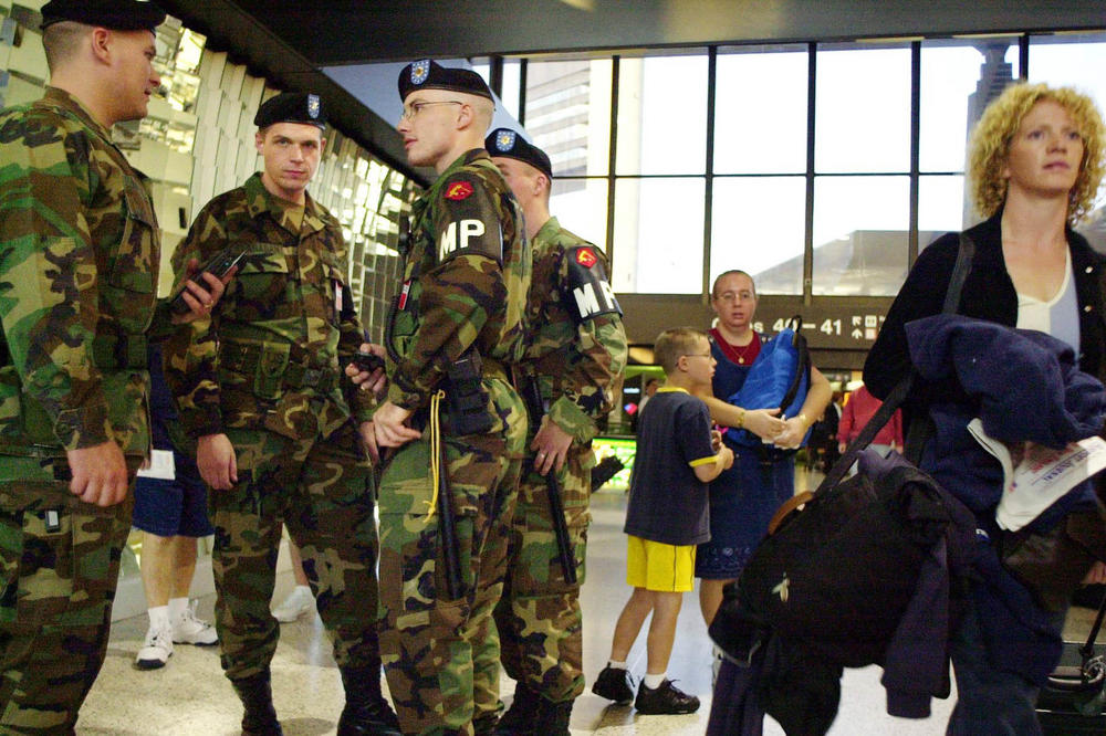 Military police from the Massachusetts National Guard on their first day of duty at Boston's Logan International Airport on Oct. 5, 2001. Several thousand National Guard troops were called up around the U.S. to ensure airport security in the wake of the 9/11 attacks.