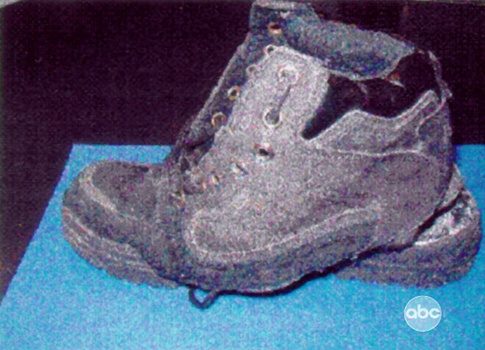 This still frame from television footage obtained by ABC News and released Feb. 7, 2002, shows a shoe worn by shoe bomber Richard Reid.