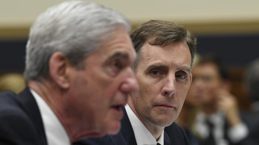 Robert Mueller (left) and Aaron Zebley testify on Capitol Hill in Washington on July 24, 2019, before the House Intelligence Committee hearing on his report on Russian election interference.