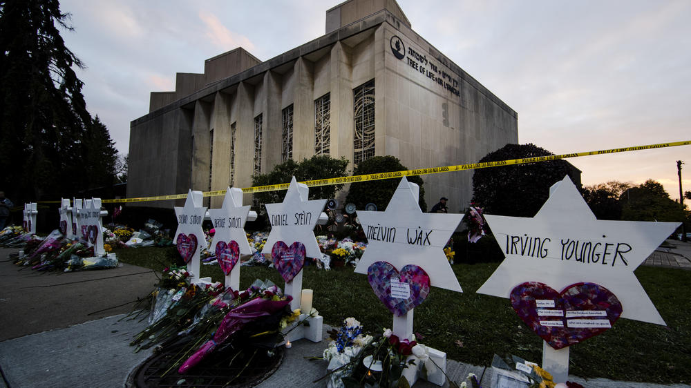 A makeshift memorial stands outside the Tree of Life Synagogue in the aftermath of a deadly shooting in Pittsburgh in 2018.