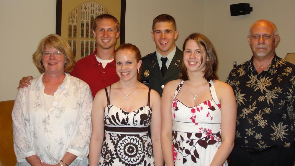 Chris Goeke (in his military uniform) and his family. From left, his mother Pam Shultz, siblings Matthew Goeke, Jessica Goeke, Jeni Goeke Huff, and father Randy Goeke.