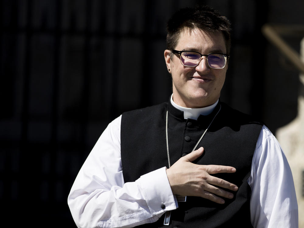 Bishop Megan Rohrer speaks to the press before their installation ceremony at Grace Cathedral in San Francisco on Saturday.