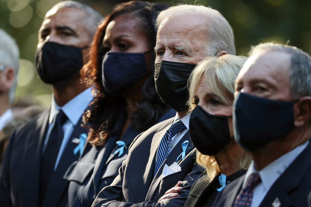 Former President Barack Obama (from left), former first lady Michelle Obama, President Biden, first lady Jill Biden and former New York City Mayor Michael Bloomberg attend 9/11 commemoration ceremony in New York City.