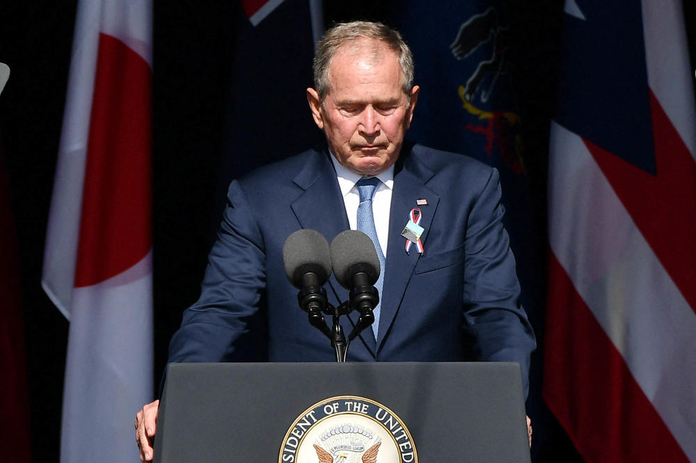 Former President George W. Bush pauses during his speech during the 9/11 commemoration at the Flight 93 National Memorial in Shanksville, Pa., on Saturday.
