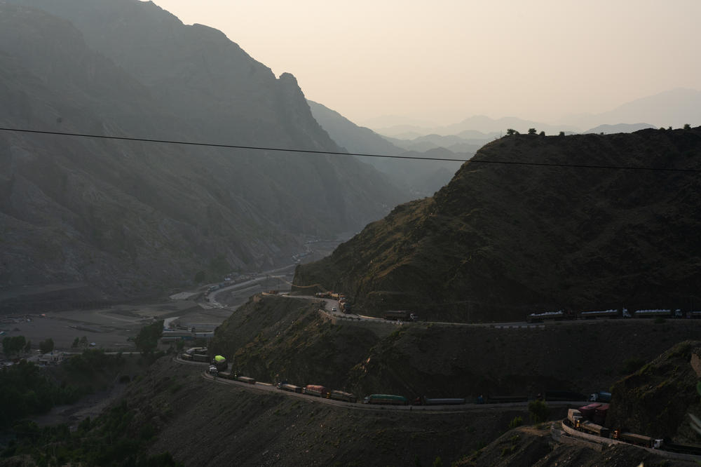 Trucks line the road as their drivers wait to get through the border to Afghanistan.