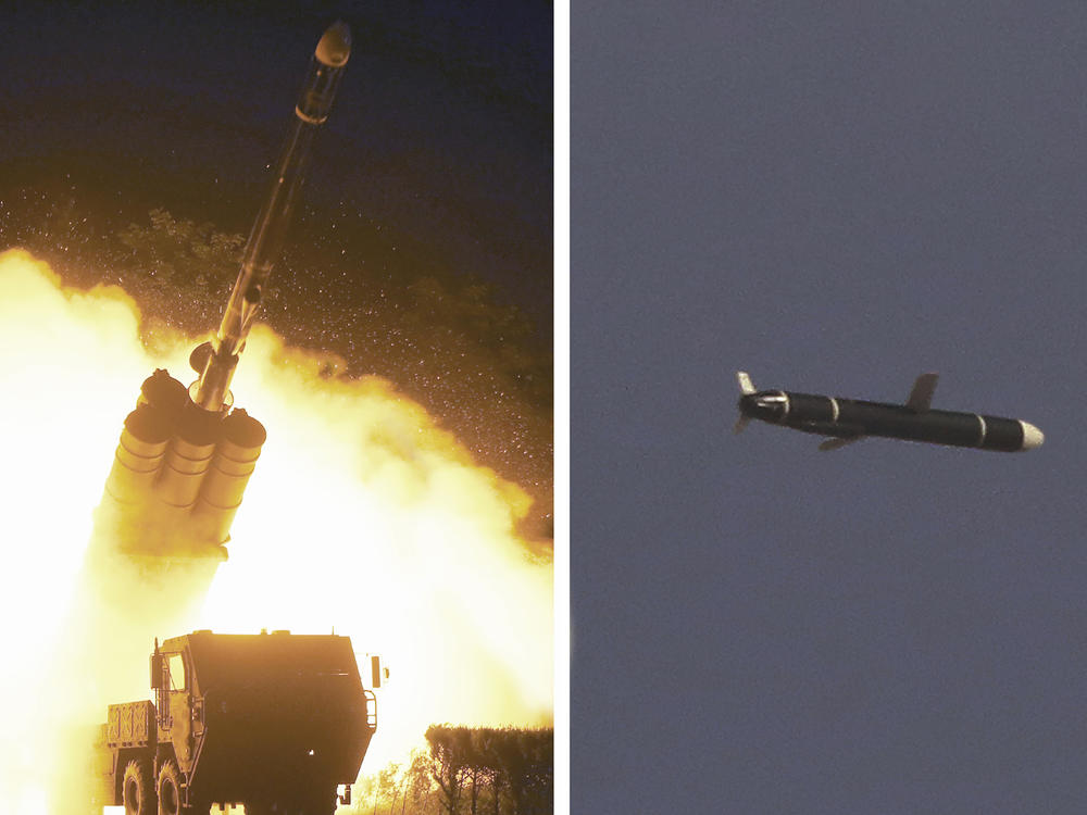 This combination of photos provided by the North Korean government on Monday shows long-range cruise missiles tests held on Sept. 11 and 12, in an undisclosed location of North Korea.