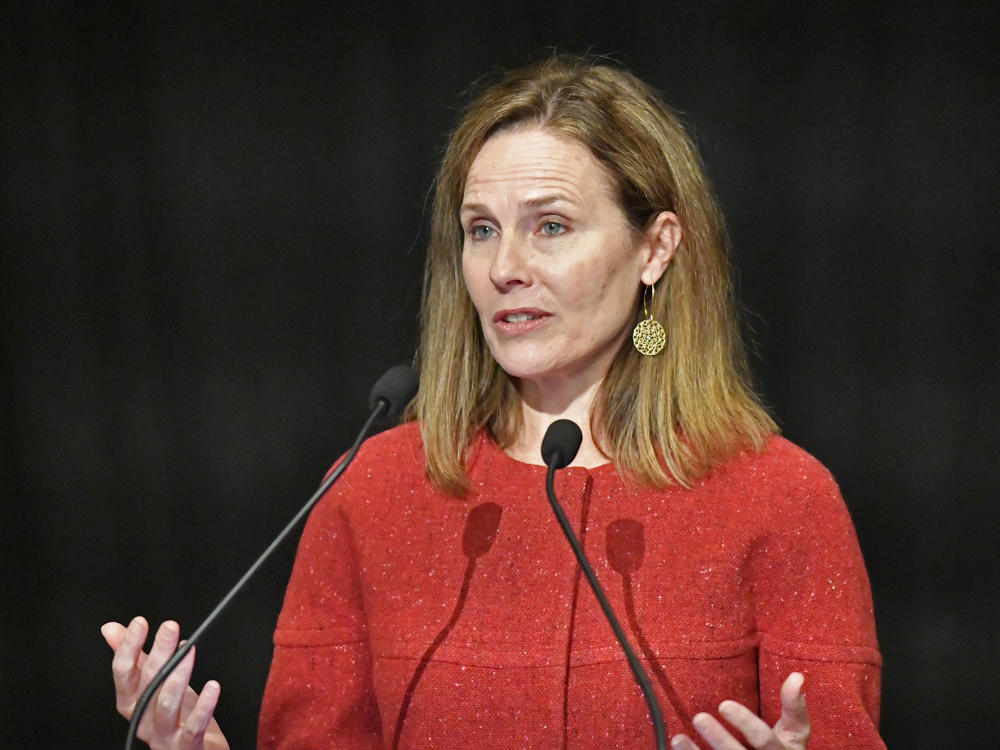 Supreme Court Justice Amy Coney Barrett speaks Sunday at the University of Louisville's McConnell Center in Kentucky. She told an audience that 