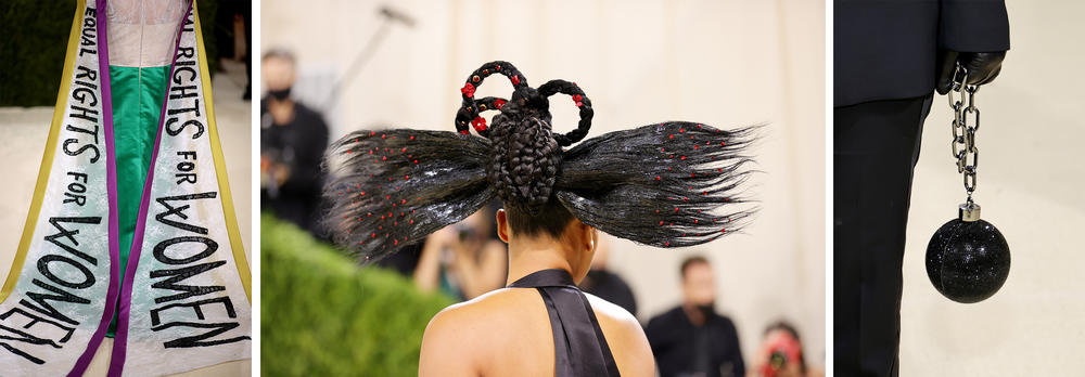 New York Rep. Carolyn B. Maloney sports a look promoting the Equal Rights Amendment; co-chair Naomi Osaka wears a Nicolas Ghesquière for Louis Vuitton suit; Kris Jenner carries a ball-and-chain bag.