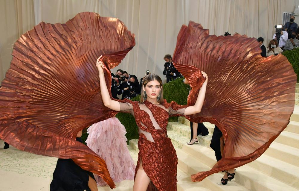 Brazilian model-actress Valentina Sampaio flashes the wings of her dress.