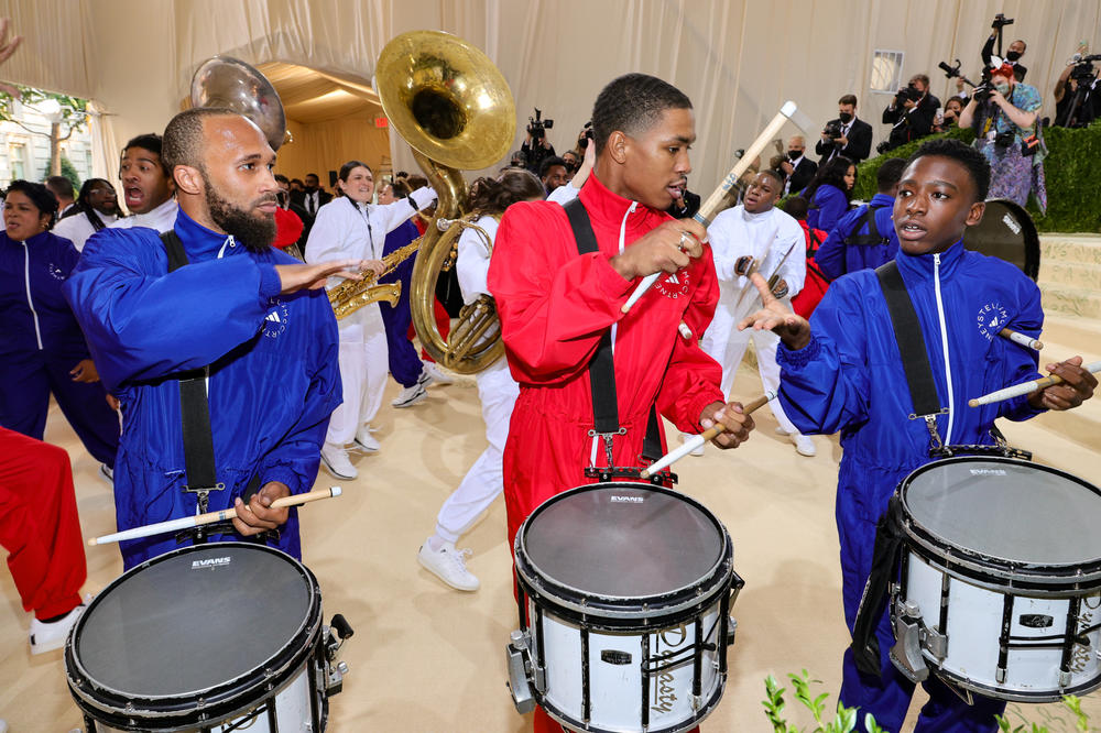 The Brooklyn United Marching Band, a group of young musicians ranging from ages 5 to 21, performs at the opening of the Met Gala.