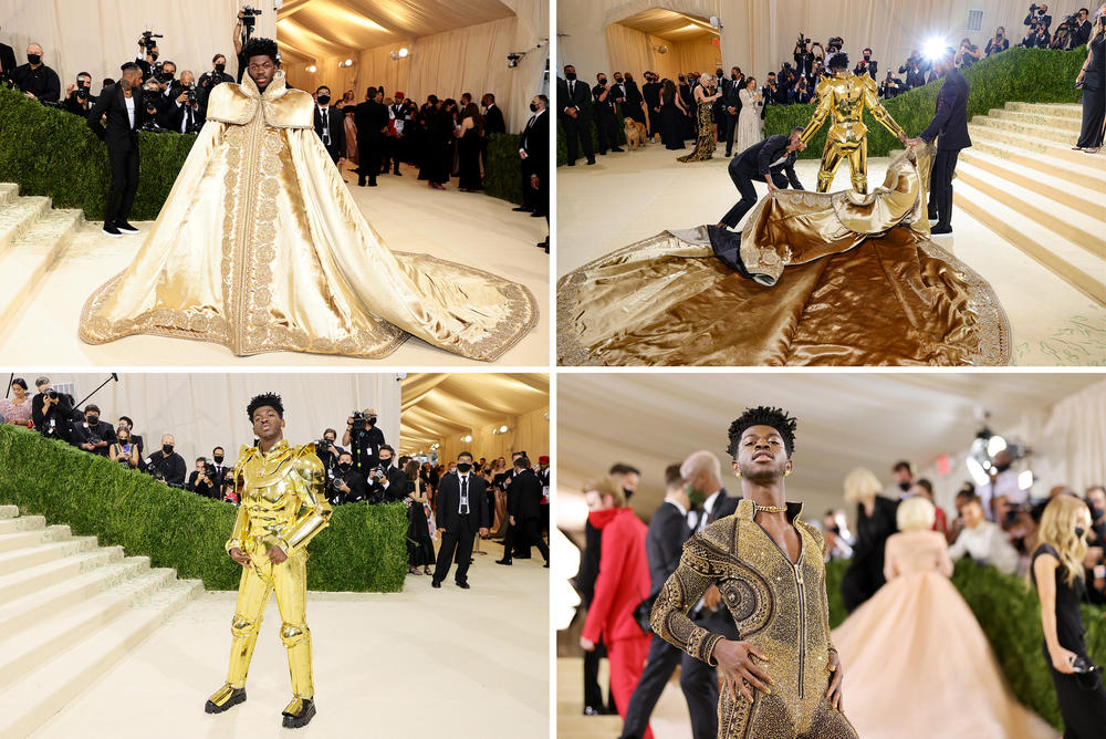 Lil Nas X dons not one, not two, but three looks, worn in layers custom-designed by Donatella Versace: a regal cape, a gold suit of armor, and a slinky bodysuit studded with crystals.