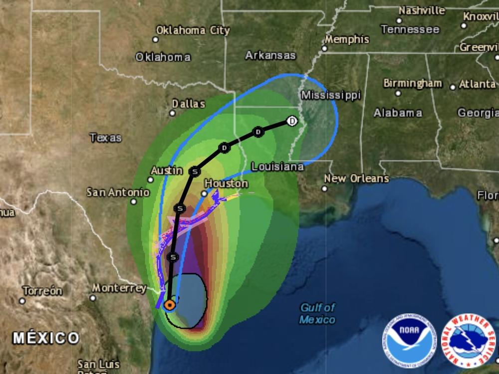 Nicholas is expected to move along the coast in the western Gulf of Mexico before making landfall late Monday afternoon or evening. The colors in this map refer to tropical storm-force winds.