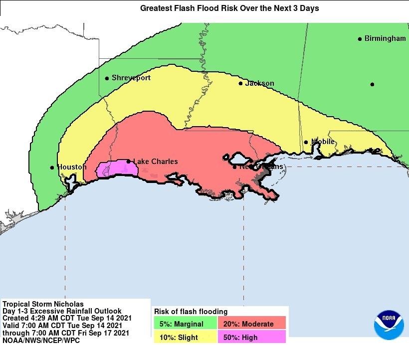 More than half of Louisiana is facing a moderate or greater risk of flash flooding due to Tropical Storm Nicholas, the National Weather Service says.