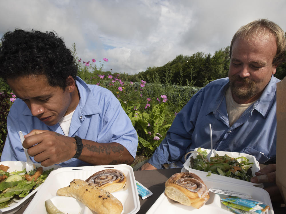 Residents Julio Orsini and Jesse Mackin share a meal together with staff during lunch break in the garden at the Mountain View Correctional Faciltiy in Charleston Maine in August of 2021.