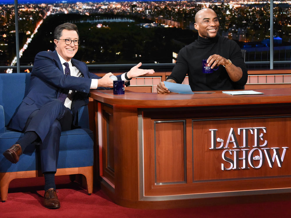 Stephen Colbert and Charlamagne Tha God on <em>The Late Show</em> in 2018.