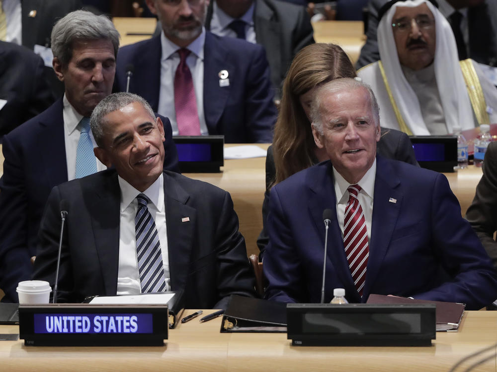 Biden, then vice president, sits with President Barack Obama at a summit on refugees during the U.N. General Assembly in 2016.