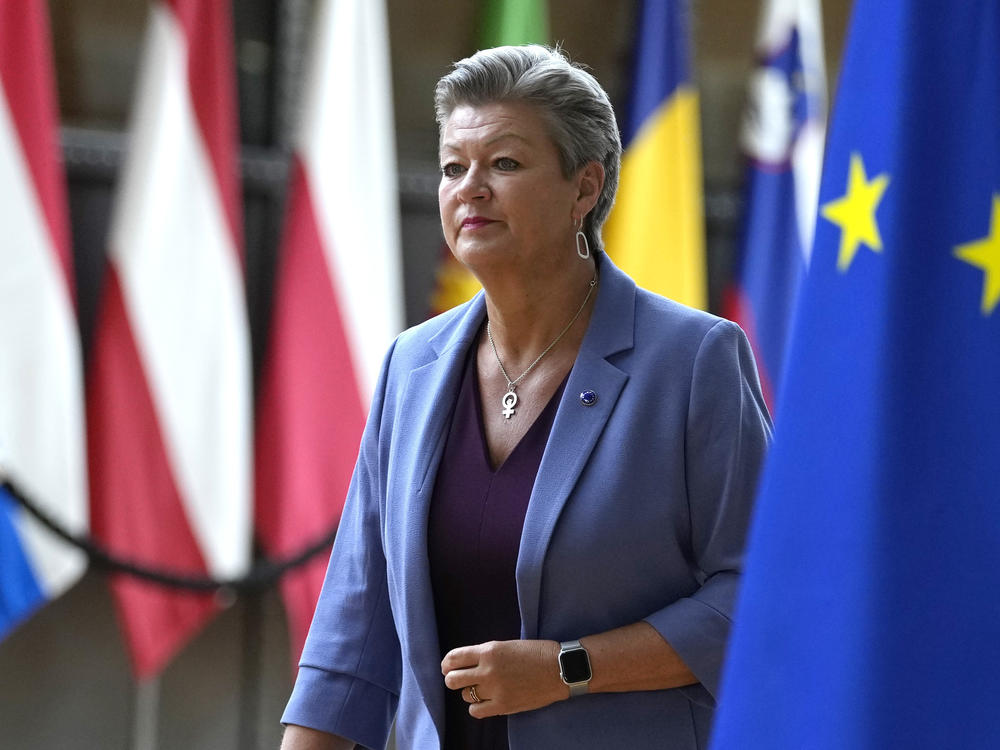 European Commissioner for Home Affairs Ylva Johansson arrives for a meeting at the European Council building in Brussels, Tuesday, Aug. 31, 2021.