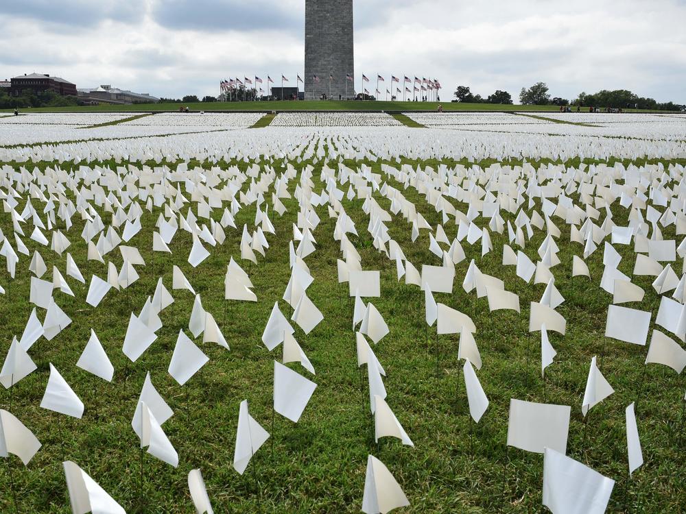 White flags fill the National Mall in front of the Washington Monument on Thursday.
