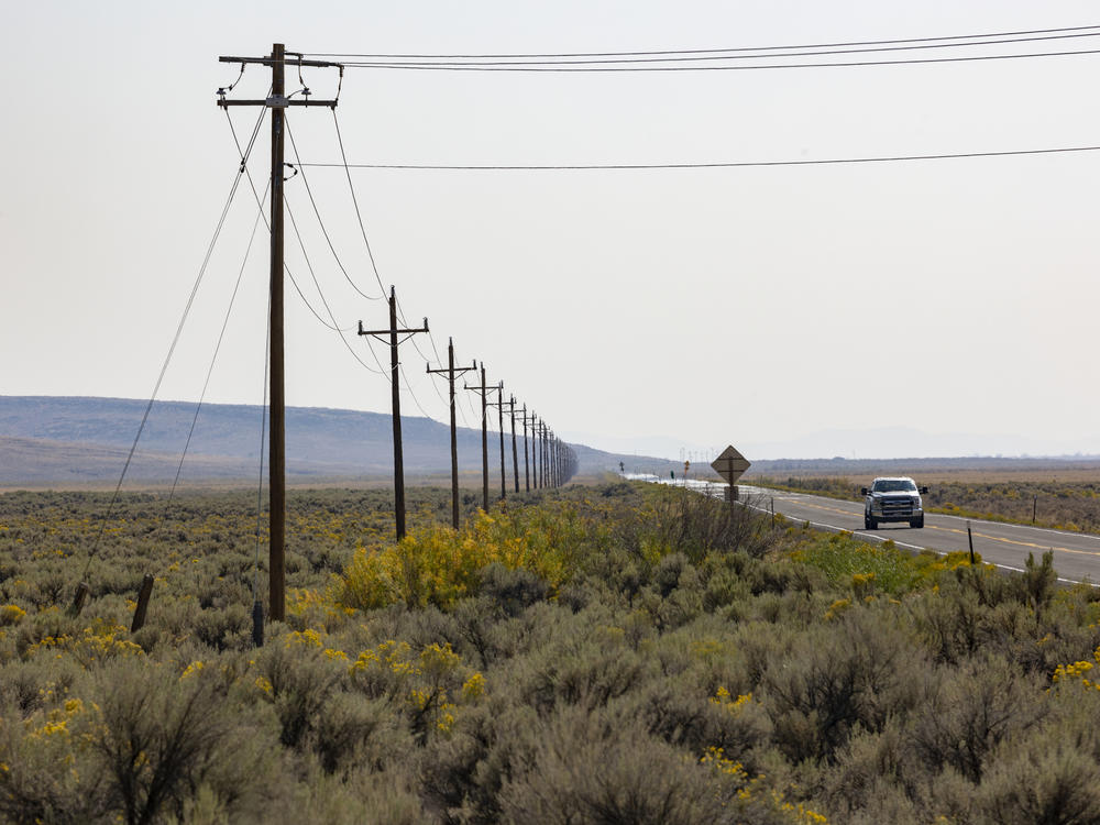 The Duck Valley Indian Reservation is home to the Shoshone-Paiute Tribes and comprises about 450 square miles along the Idaho/Nevada border. Only one power line goes into it, shown here along Highway 51.