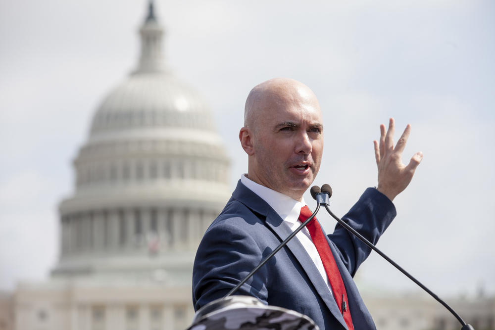Matt Braynard, rally organizer and executive director of Look Ahead America, speaks to protesters in front of the Capitol building.
