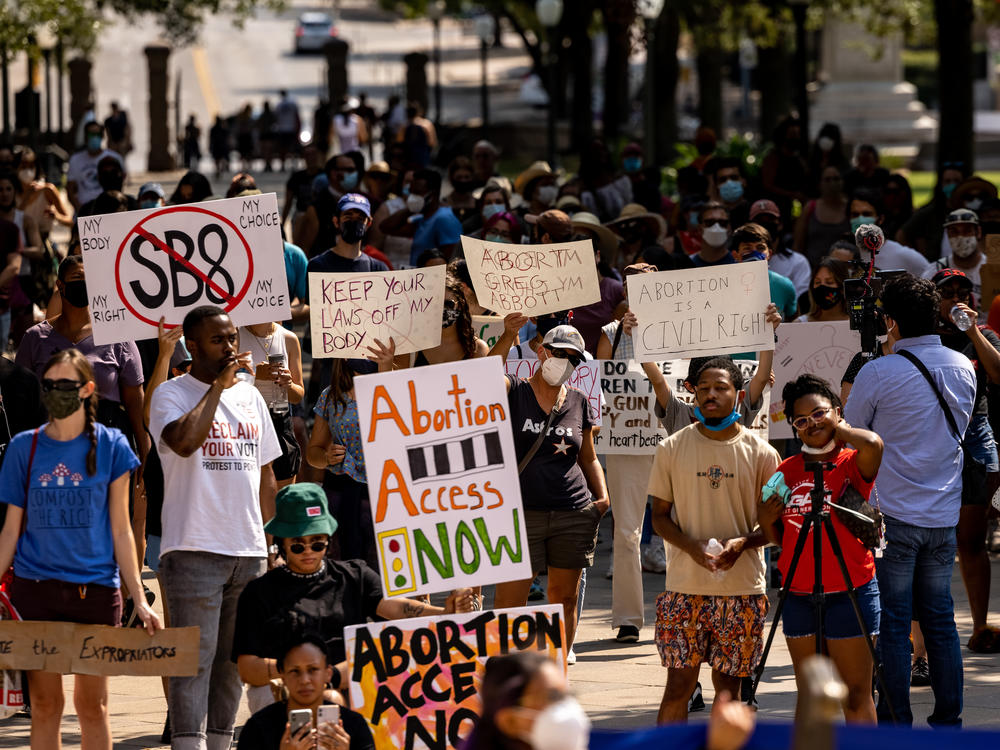Abortion rights activists rally at the Texas State Capitol on Sept. 11, 2021 in Austin.