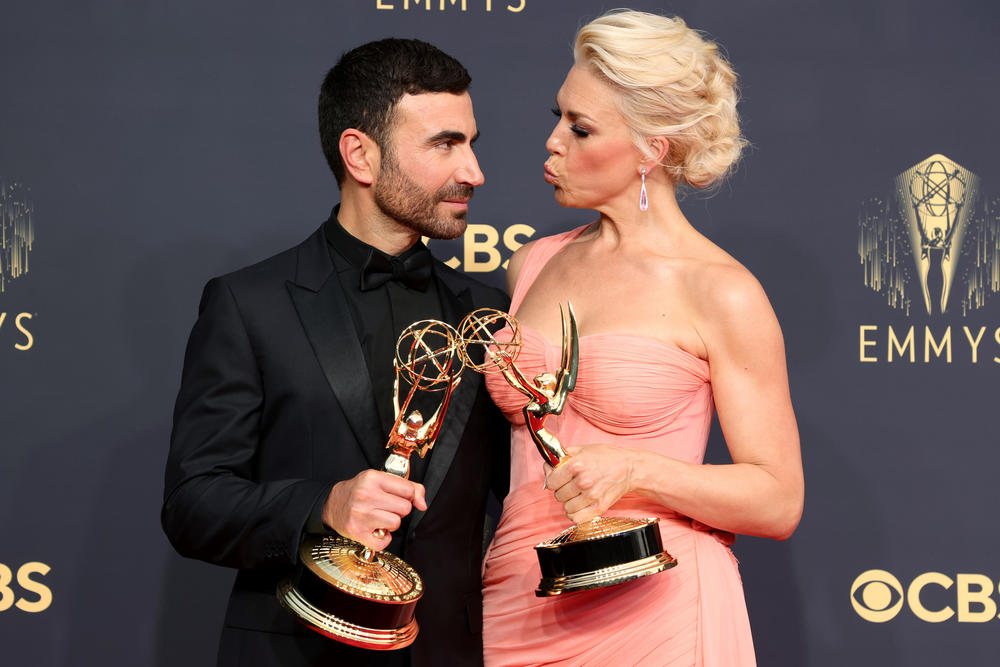 Brett Goldstein, winner of the Outstanding Supporting Actor in a Comedy Series award for 'Ted Lasso,' and Hannah Waddingham, winner of the Outstanding Supporting Actress in a Comedy Series award for 'Ted Lasso.'