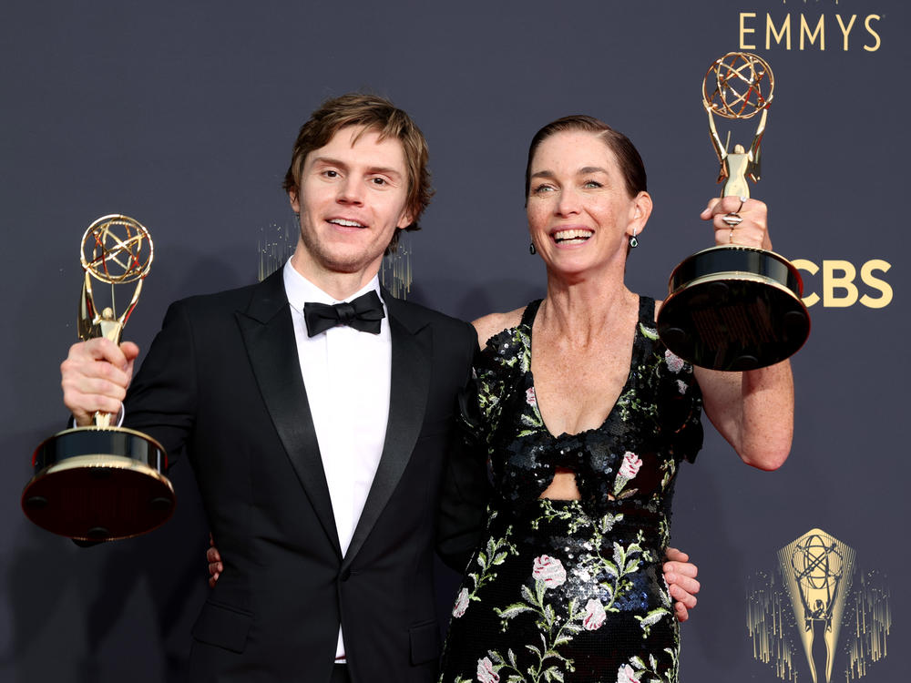 Evan Peters, winner of the Outstanding Supporting Actor In A Limited Or Anthology Series Or Movie award for 'Mare Of Easttown' and Julianne Nicholson, winner of the Outstanding Supporting Actress In A Limited Or Anthology Series Or Movie award for 'Mare Of Easttown.'