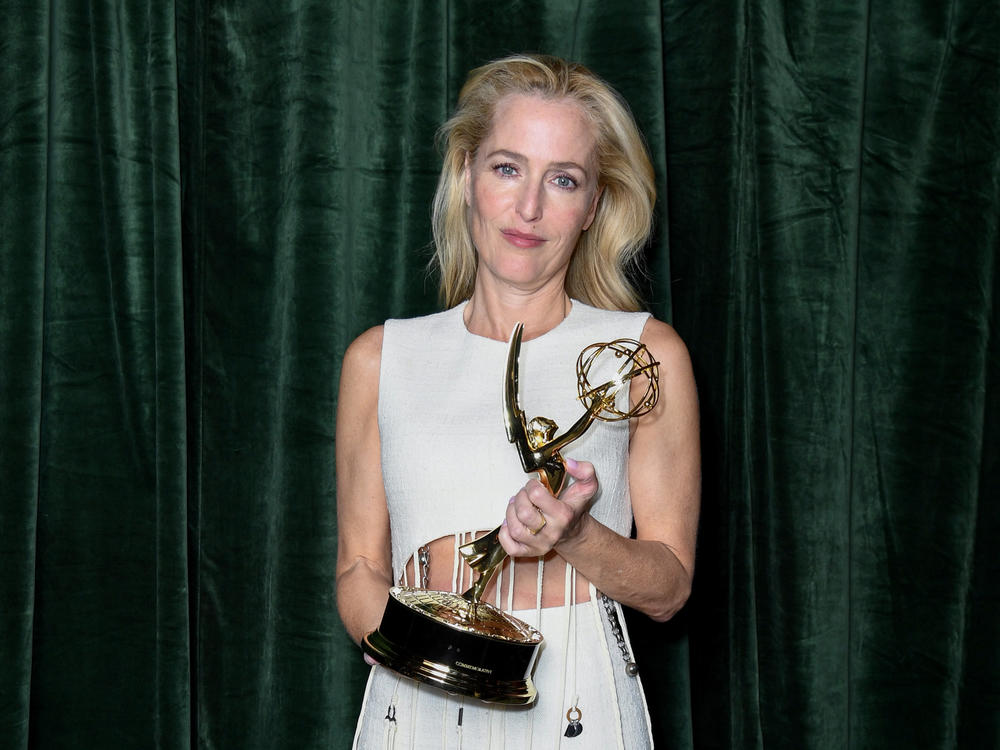 Gillian Anderson with her Emmy award for 'Outstanding Supporting Actress for a Drama Series', in the 