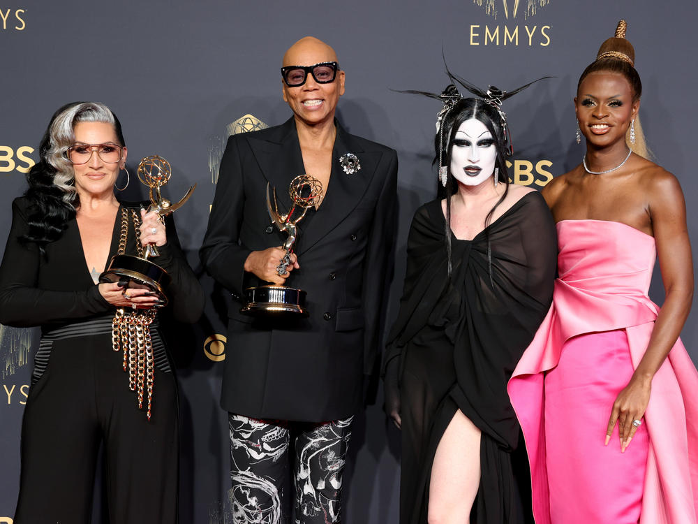 Michelle Visage, RuPaul, Gottmik, and Symone, winners of the Outstanding Competition Program award for 'RuPaul's Drag Race,' pose in the press room