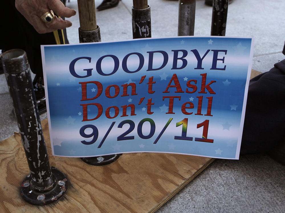 People celebrate the repeal of don't ask, don't tell in front of the War Memorial Veterans Building in San Francisco on Sept. 20, 2011.