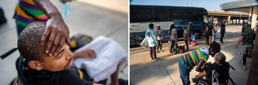 Hollins comforts Carl while they wait to board a Greyhound bus in order to leave New Orleans for Atlanta, fleeing dangerous heat.