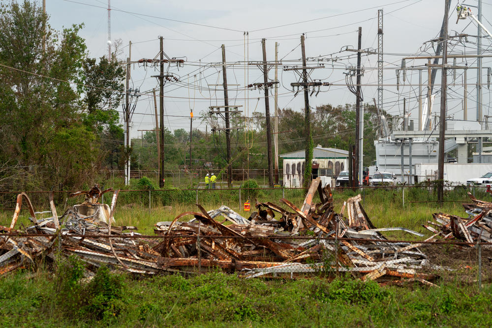 An Entergy transmission tower in the New Orleans suburb of Avondale collapsed during Ida.