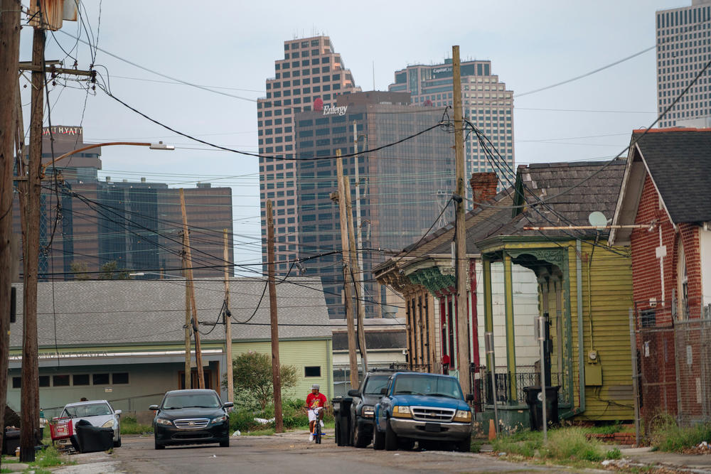 The Entergy building, seen from Magnolia Street in the Central City area of New Orleans.