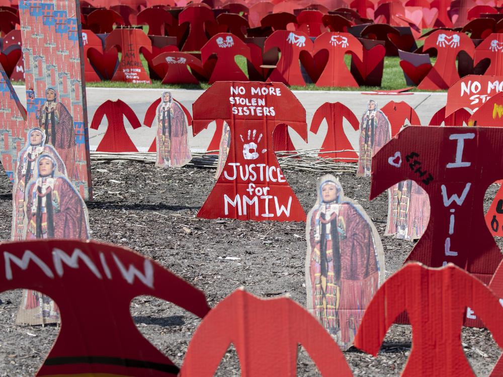 A memorial to missing and murdered Indigenous women is set up in St. Paul, Minn.