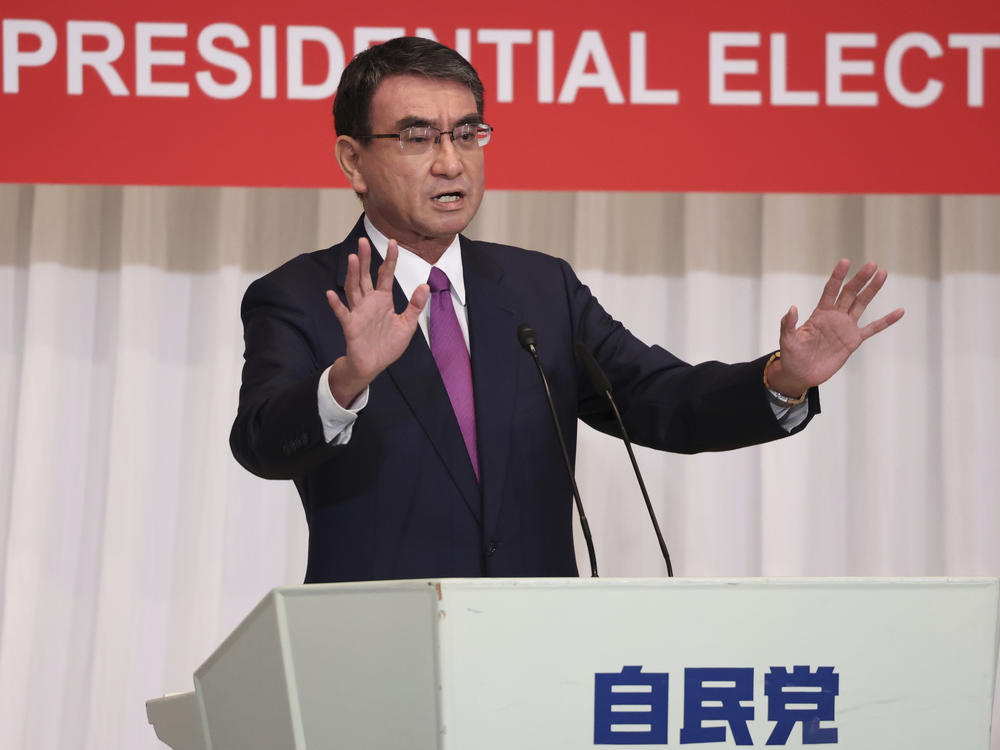 Taro Kono, a candidate of the ruling Liberal Democratic Party and currently the minister in charge of vaccinations, delivers a speech in Tokyo on Sept. 17.