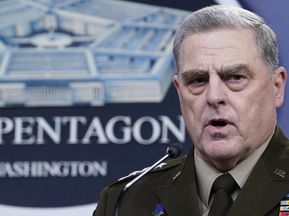 Chairman of the Joint Chiefs of Staff Gen. Mark Milley speaks during a briefing with Secretary of Defense Lloyd Austin in September at the Pentagon in Washington. The top U.S. military officer met with his Russian counterpart Wednesday Sept. 22, 2021 in Helsinki, Finland.