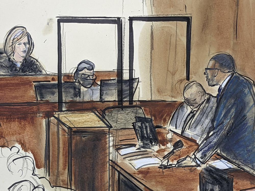 A courtroom sketch shows R. Kelly telling Judge Ann M. Donnelly he won't take the stand in his own defense.