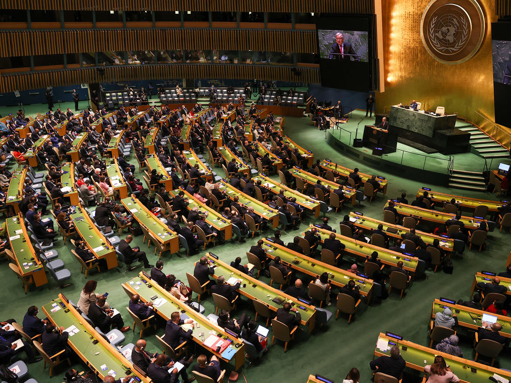 U.N. Secretary-General Antonio Guterres makes a speech during the 76th session of United Nations General Assembly, in New York, United States on Tuesday.