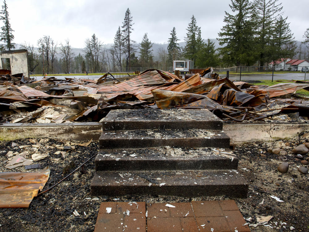 Remains of the devastation from the 2020 Beachie Creek Fire are still evident in the small town of Gates, Ore., in February.