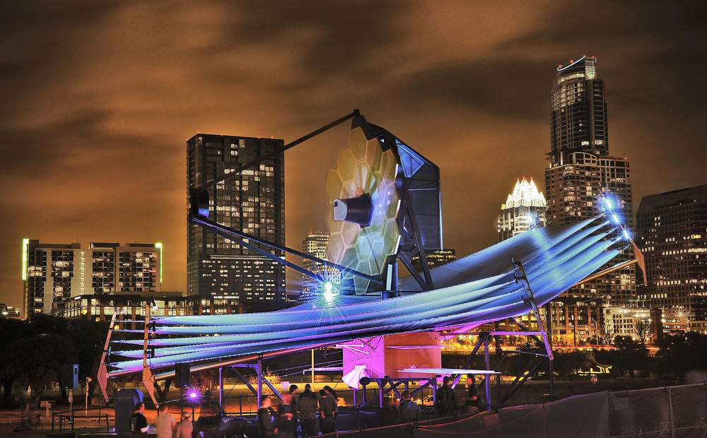 A full-scale model of the unusual telescope, shown here at South by Southwest in Austin, has been exhibited around the world to show the public how it will look out in space.
