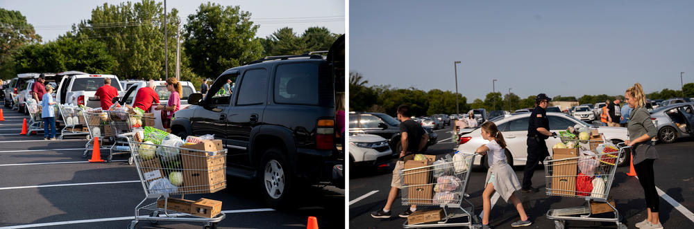 Volunteers with the nonprofit groups One Generation Away and Second Harvest Food Bank of Middle Tennessee load up cars with shopping carts full of donated food.