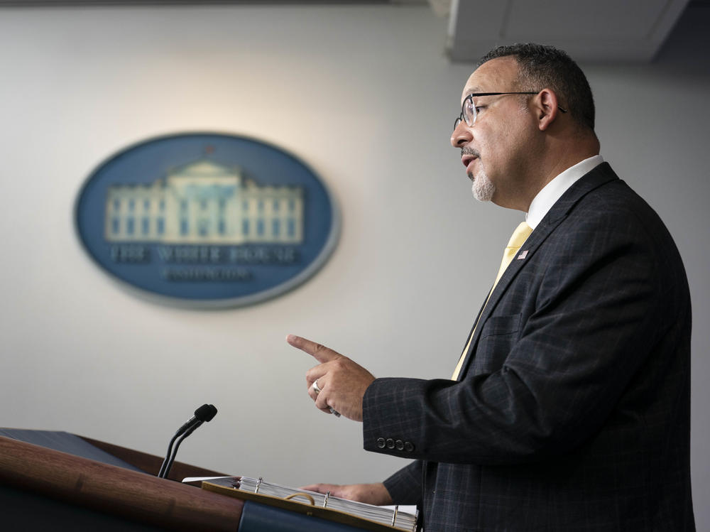 Miguel Cardona, U.S. secretary of education, speaks during a news conference at the White House on Thursday, Aug. 5, 2021.
