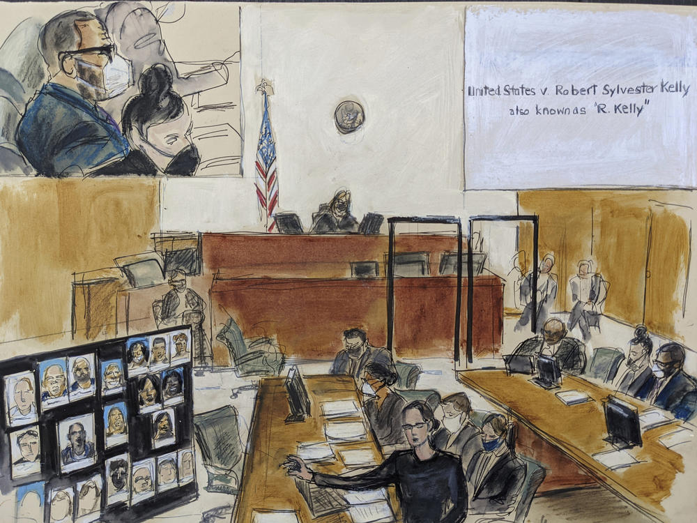 In this illustration drawn from a video feed, the prosecution presents its closing argument in the federal trial against singer R. Kelly on Sept. 22 in New York.