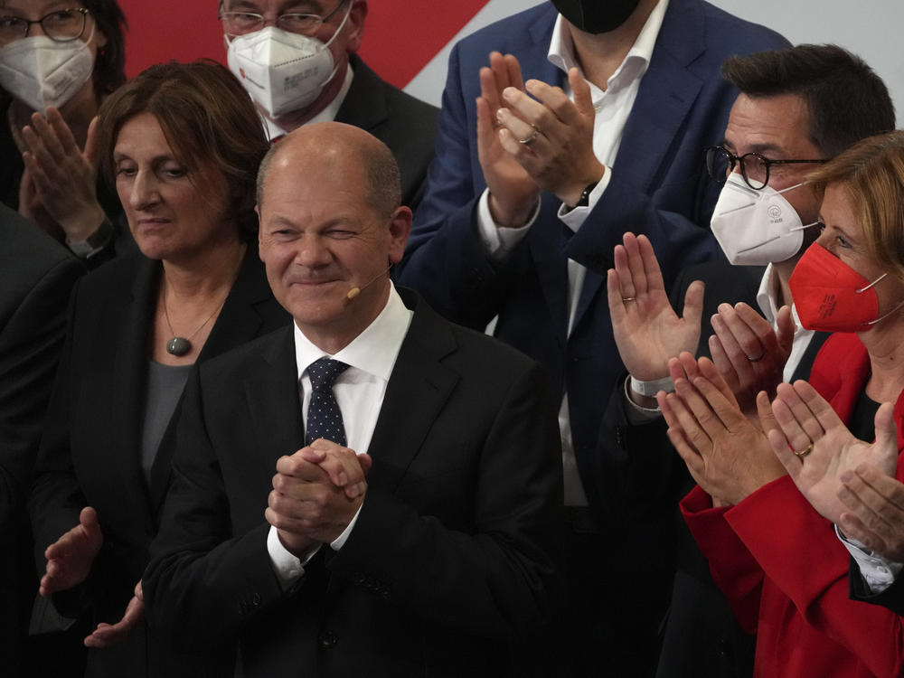 Olaf Scholz, Finance Minister and SPD candidate for Chancellor after addressing his supporters after German parliament election at the Social Democratic Party, SPD, headquarters in Berlin, Sunday, Sept. 26, 2021.