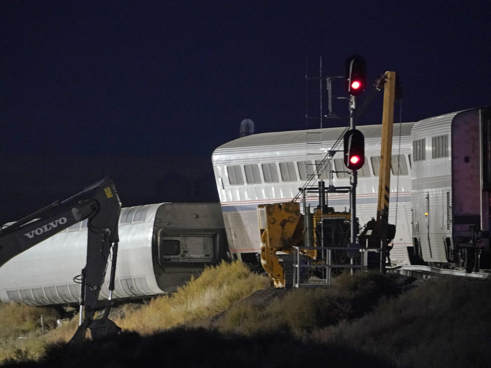 Cars from an Amtrak train that derailed rest near a train signal near Joplin, Mont. The westbound Empire Builder was en route to Seattle from Chicago with two locomotives and 10 cars.