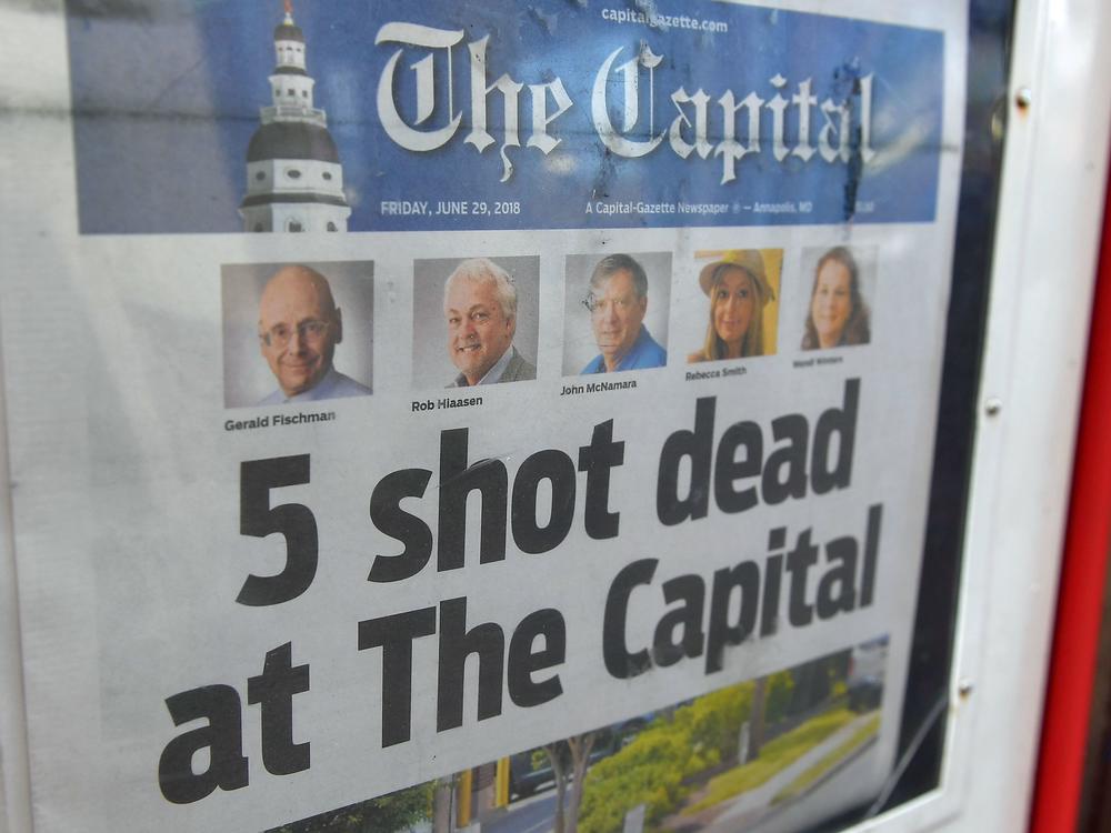 Jarrod Ramos, the admitted gunman in the attack on the <em>Capital Gazette,</em> was found criminally responsible by a jury in July. A copy of the newspaper is seen in a vending box in Annapolis, Md., on June 29, 2018, the day after the deadly shooting.